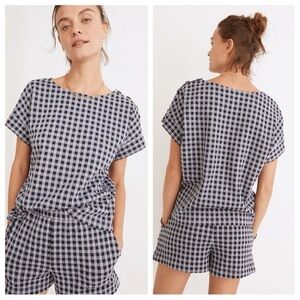Madewell sz S Navy Gingham Knit Seersucker Button-Shoulder T-Shirt Top